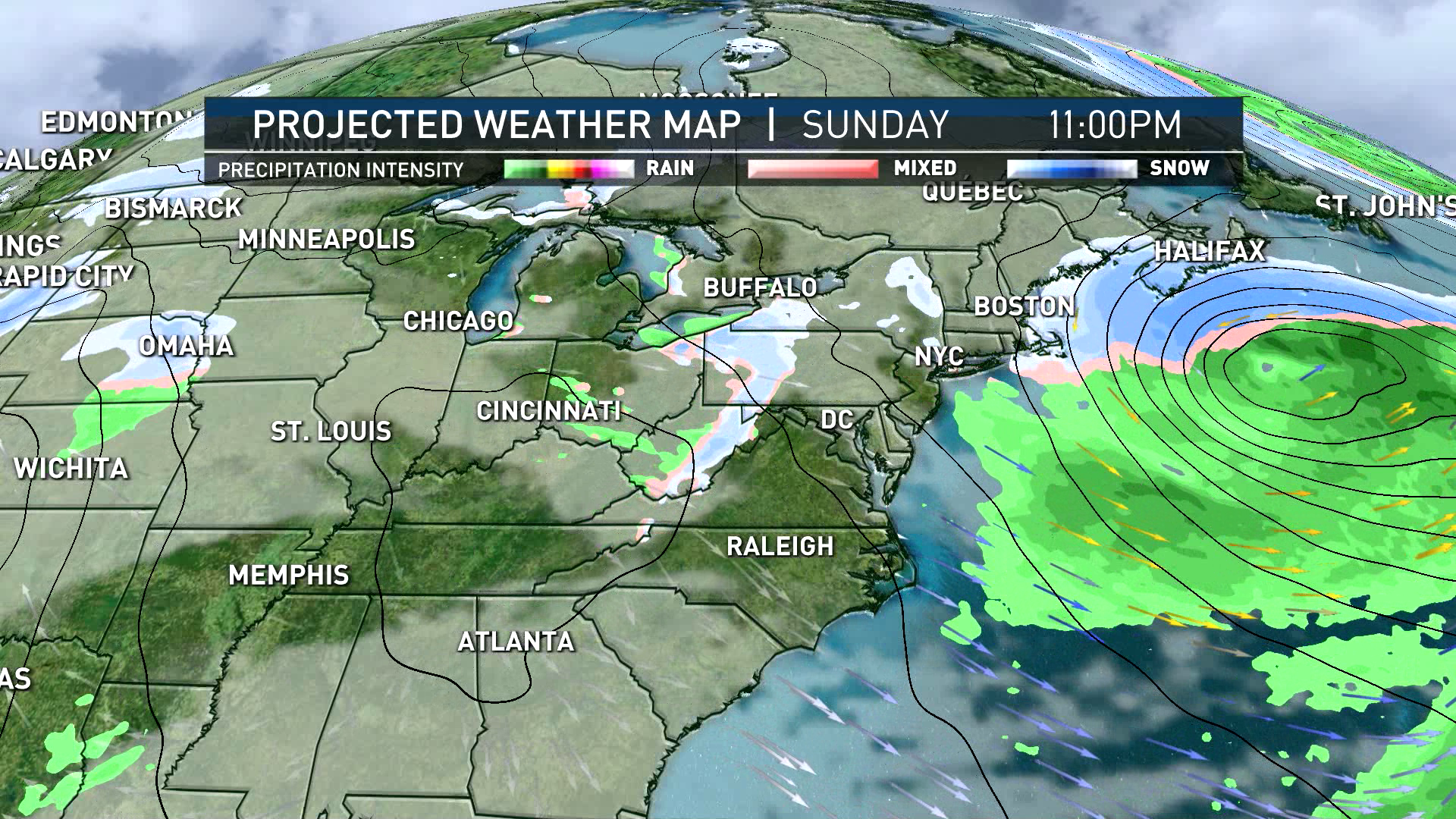 A map forecasting the path a snow-making storm is expected to take Saturday and Sunday, Jan. 6-7, 2024, across Boston, Massachusetts and New England.