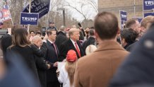 Former President Donald Trump arrives at a polling location in Londonderry, New Hampshire on Tuesday, Jan. 23, 2024.