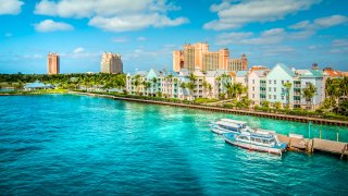 Skyline of Paradise Island in Nassau, Bahamas.