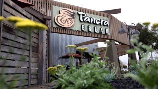 A sign is posted on the exterior of a Panera Bread restaurant.