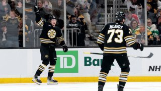 BOSTON, MA – JANUARY 06: Boston Bruins center Trent Frederic (11) reacts to his second goal of the night during a game between the Boston Bruins and the Tampa Bay Lightning on January 6, 2024, at TD Garden in Boston, Massachusetts. (Photo by Fred Kfoury III/Icon Sportswire via Getty Images)