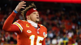 FILE – Patrick Mahomes #15 of the Kansas City Chiefs gestures to the fans before an NFL wild-card playoff football game against the Miami Dolphins at GEHA Field at Arrowhead Stadium on January 13, 2024 in Kansas City, Missouri.