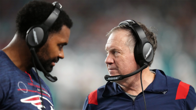 Patriots assistant coach Jerod Mayo and head coach Bill Belichick