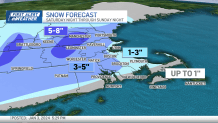 A map showing how much snow the Greater Boston area may get in a storm arriving Saturday, Jan. 6, 2024. The city could get 1-3 inches, according to Wednesday's forecast, while parts of inland Massachusetts could get up to 8 inches.