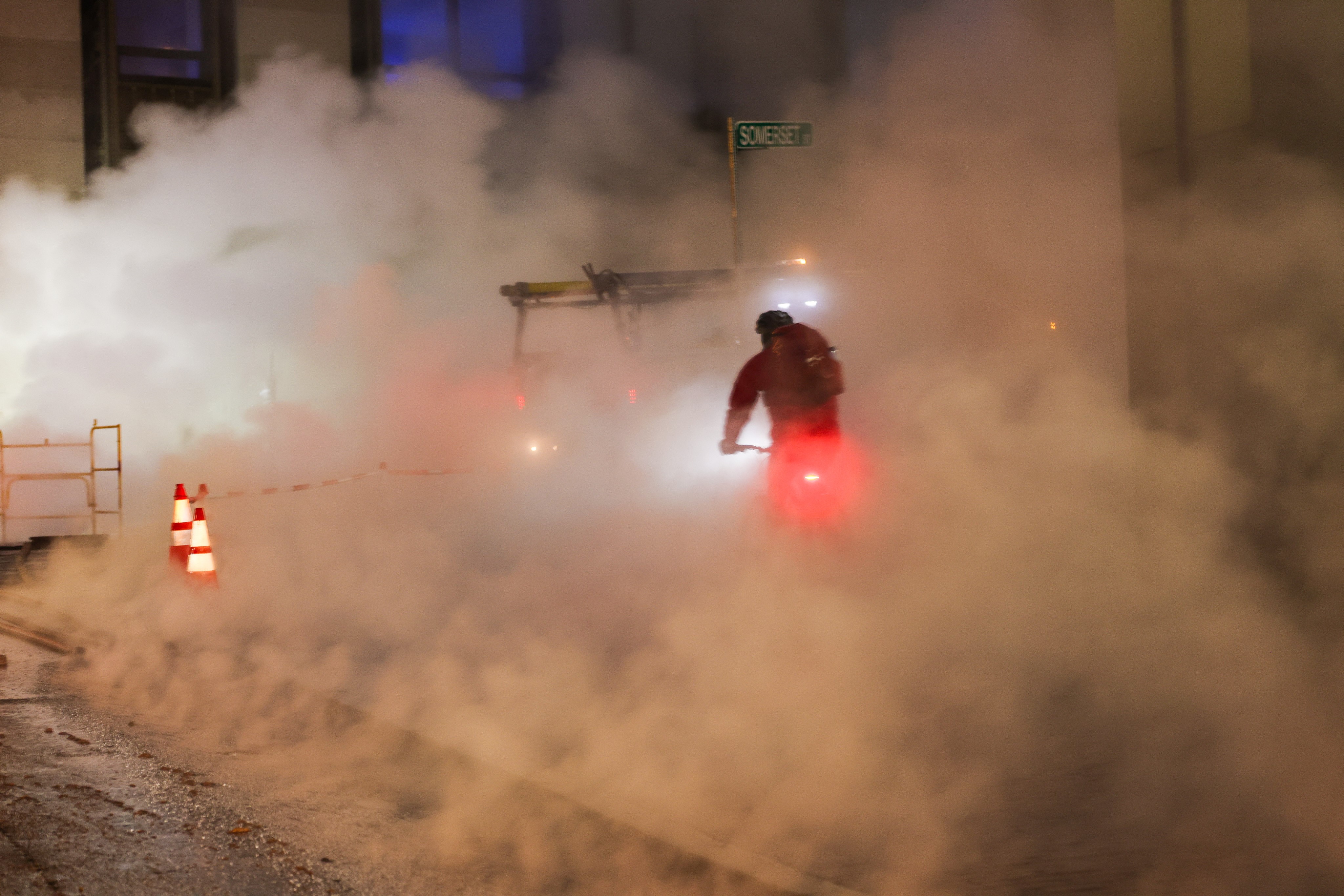 Boston, MA water leak causes roads to close, makes visibility difficult