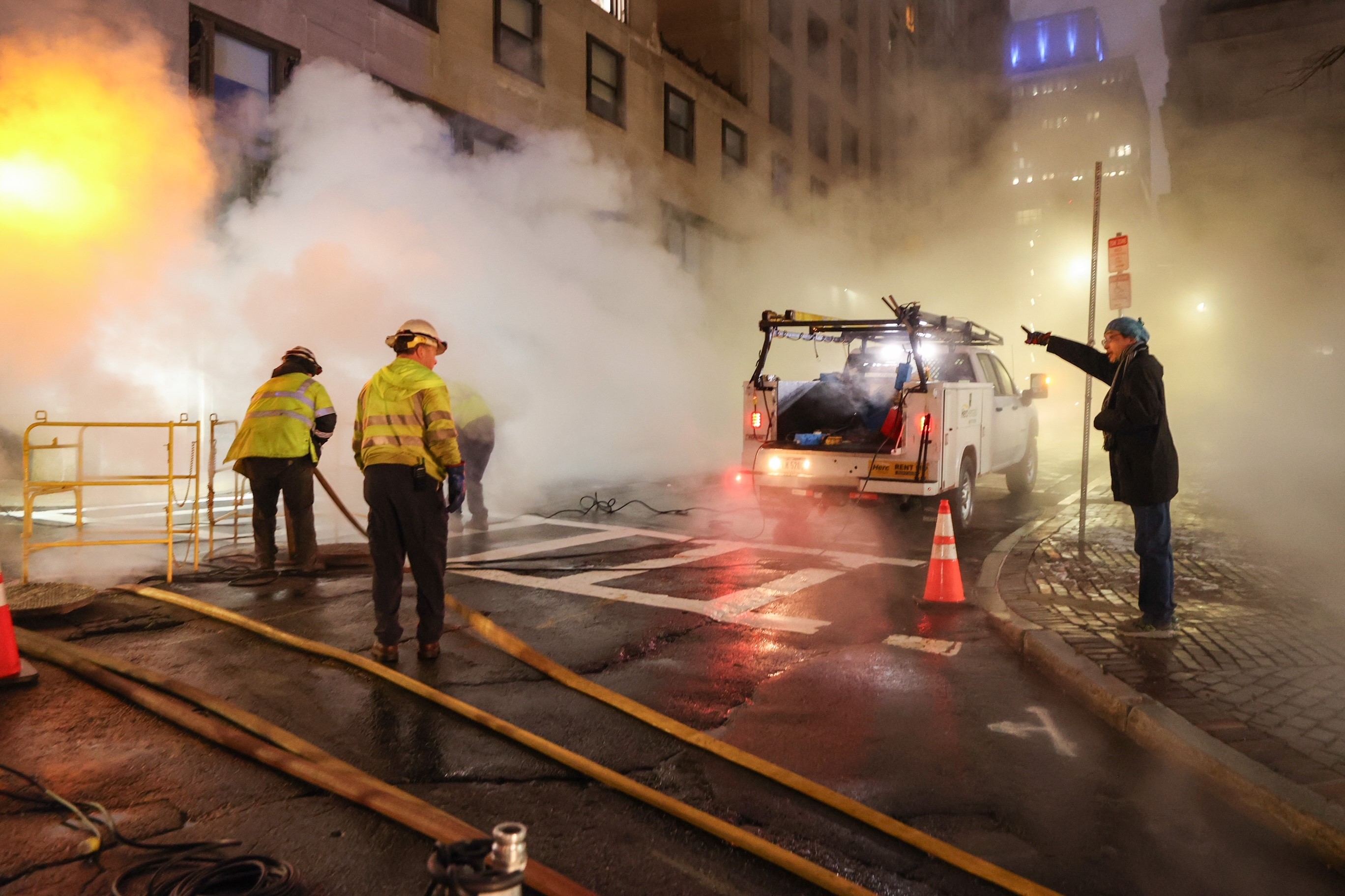 Boston, MA water leak causes roads to close, makes visibility difficult