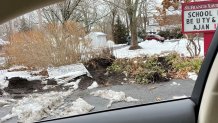 Aftermath of a hit-and-run crash that damaged a church fence in Acushnet, Massachusetts, Sunday, Jan. 7, 2024.