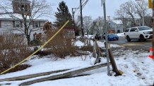 Aftermath of a hit-and-run crash that damaged a church fence in Acushnet, Massachusetts, Sunday, Jan. 7, 2024.