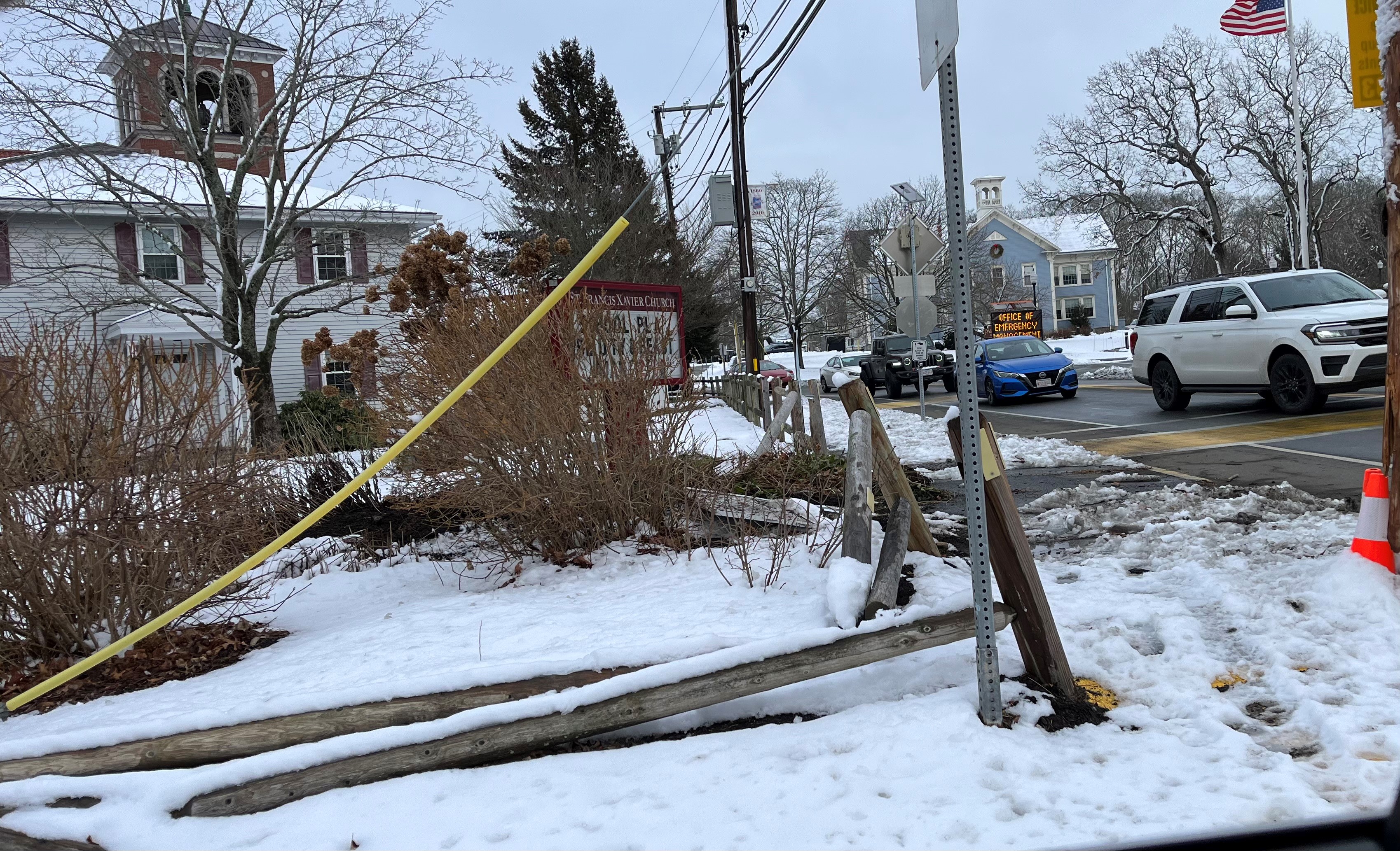 Aftermath of a hit-and-run crash that damaged a church fence in Acushnet, Massachusetts, Sunday, Jan. 7, 2024.