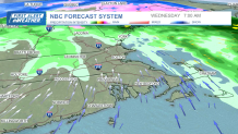 A map showing rain and snow from a storm hitting Greater Boston on Tuesday, Jan. 9, 2024, into Wednesday.