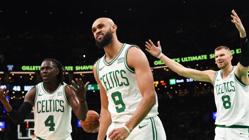 Dec 17, 2023; Boston, Massachusetts, USA; Boston Celtics guard Derrick White (9) reacts after a foul during the first half against the Orlando Magic at TD Garden. Mandatory Credit: Bob DeChiara-USA TODAY Sports