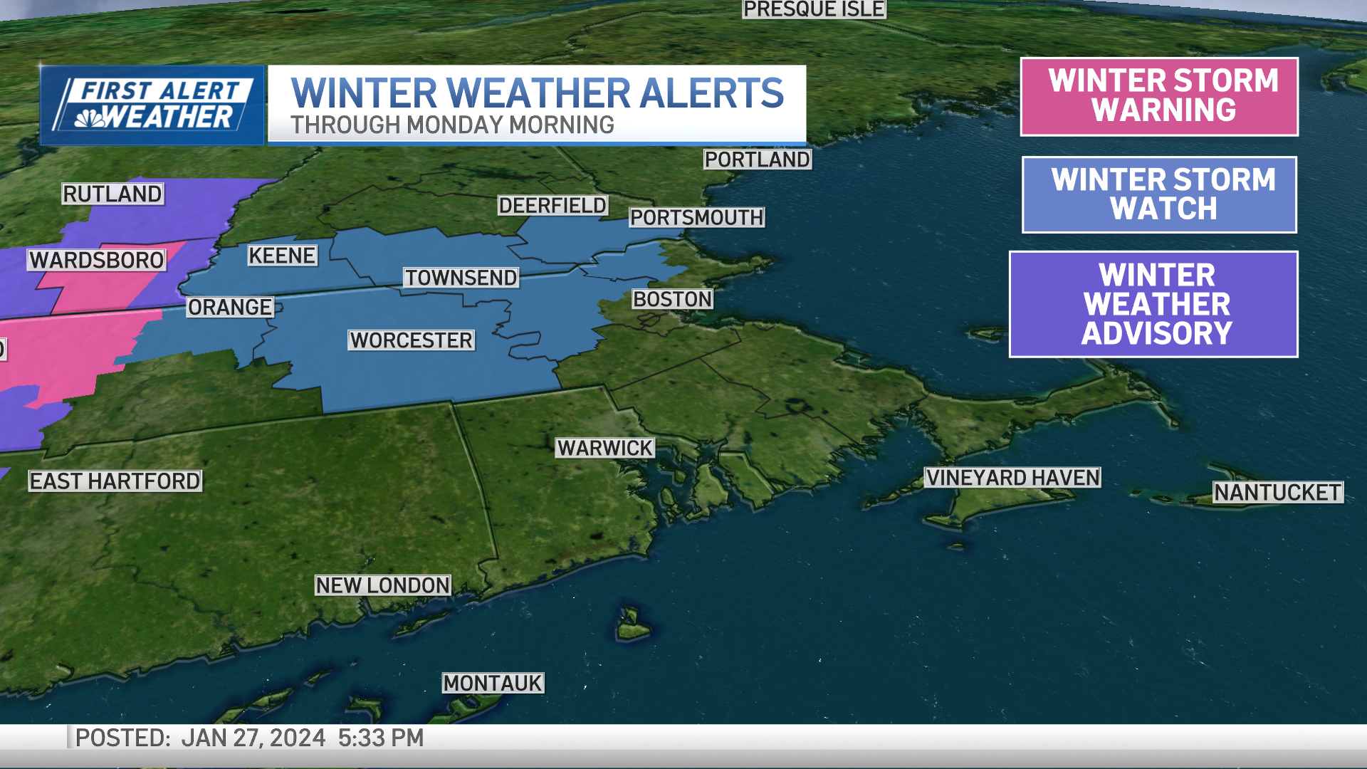 A winter storm watch is in place for parts of central and northeastern Massachusetts, as well as southern New Hampshire, through Monday, Jan. 29, 2024.