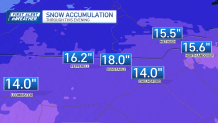 Eighteen inches of snow fell in Dunstable, Massachusetts, by Sunday, Jan. 7, 2024, from a winter storm that blanketed parts of the state. This map shows snow totals around the Merrimack Valley, from Leominster (14 inches) to North Andover (15.6 inches)