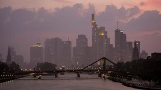 Rain falls over the finance district and the European Central Bank (ECB) in Frankfurt, Germany.