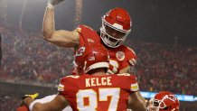 This on Nov. 20, 2023, file photo shows Kansas City Chiefs tight end Noah Gray congratulates Travis Kelce for scoring a touchdown in the first half of the team's game against the Philadelphia Eagles at GEHA Field at Arrowhead Stadium in Kansas City, Missouri.