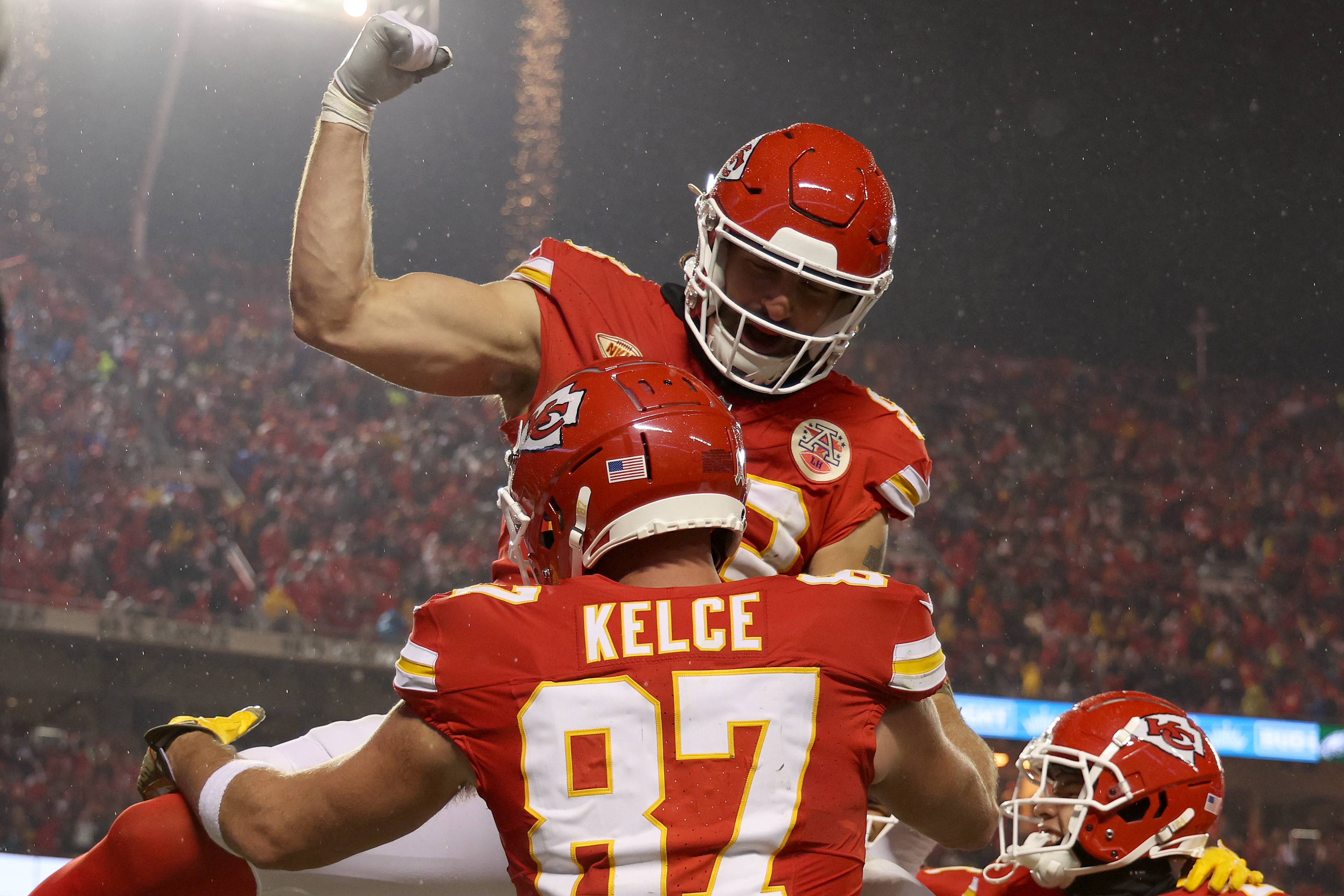 This on Nov. 20, 2023, file photo shows Kansas City Chiefs tight end Noah Gray congratulates Travis Kelce for scoring a touchdown in the first half of the team's game against the Philadelphia Eagles at GEHA Field at Arrowhead Stadium in Kansas City, Missouri.