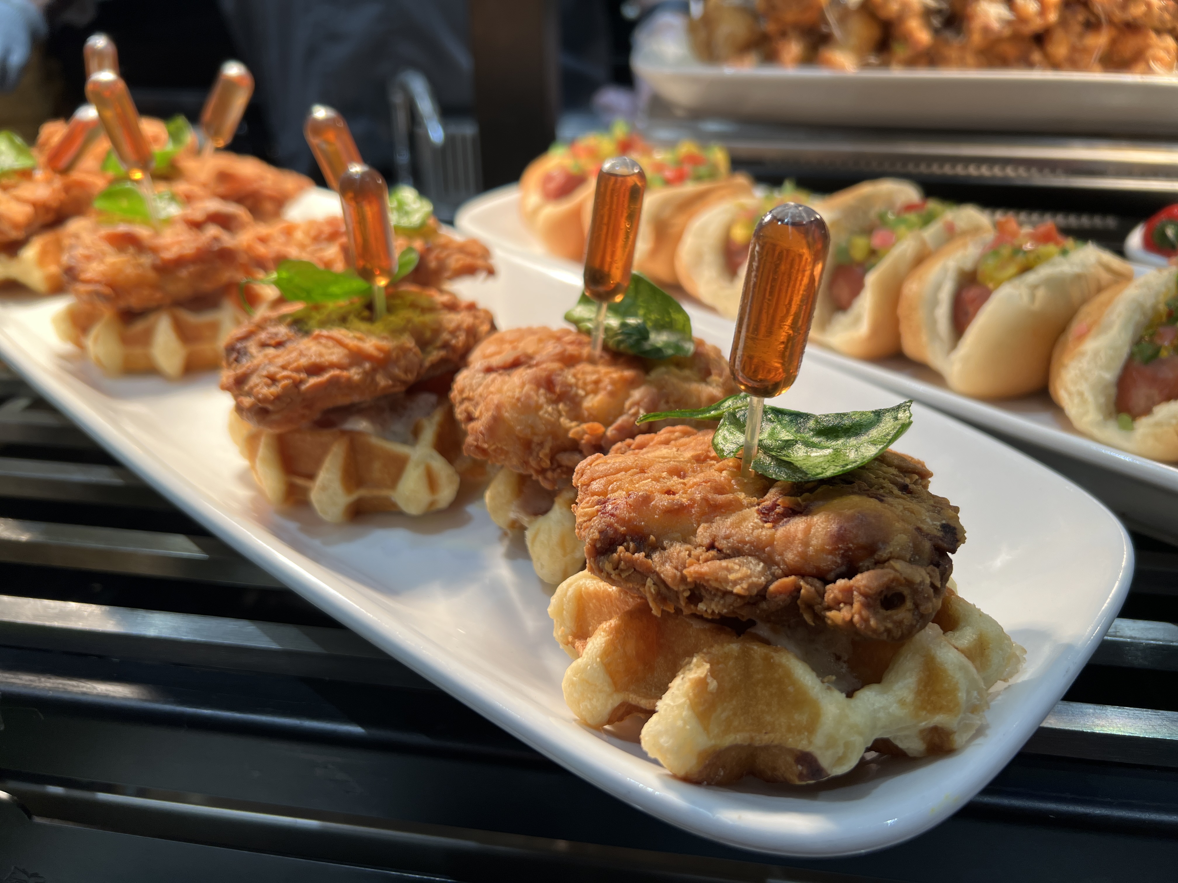 Buttermilk fried chicken, melted butter, sugar waffle, maple syrup.