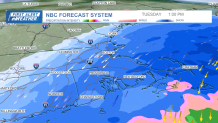 A map showing the forecast of widespread snow falling across Greater Boston the afternoon of Tuesday, Feb. 13, 2024.