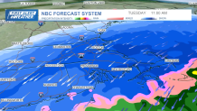 A map showing the forecast of snow falling in Boston and across Massachusetts on the morning of Tuesday, Feb. 13, 2024.