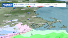 A map showing the forecast of snow, sleet and rain moving into the Massachusetts area on Tuesday, Feb. 13, 2024.