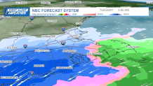 A map showing the forecast of snow, sleet and rain moving into the Massachusetts area on Tuesday, Feb. 13, 2024.