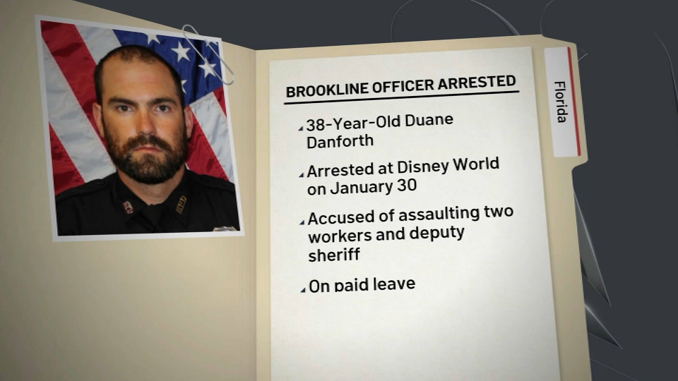 A graphic showing Brookline Police Det. Duane Danforth's photo and charges he faces over an incident that took place in Disney's Epcot on Jan. 30, 2024.
