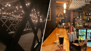 A covered bridge outside and the bar inside at the Bull Run in Shirley, Massachusetts.