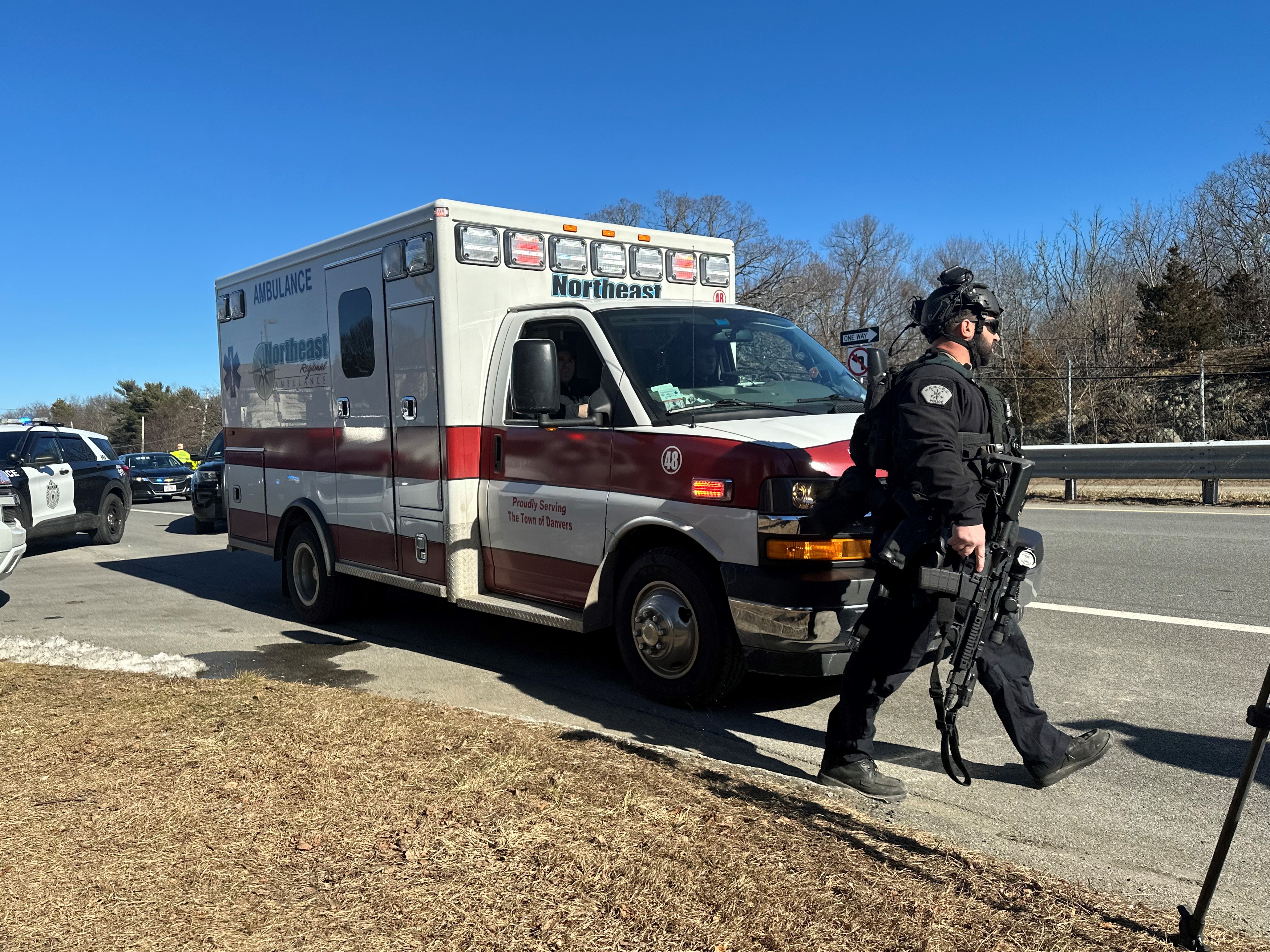 First responders at the scene of a shooting off Route 1 in Danvers, Massachusetts, on Monday, Feb. 5, 2024.