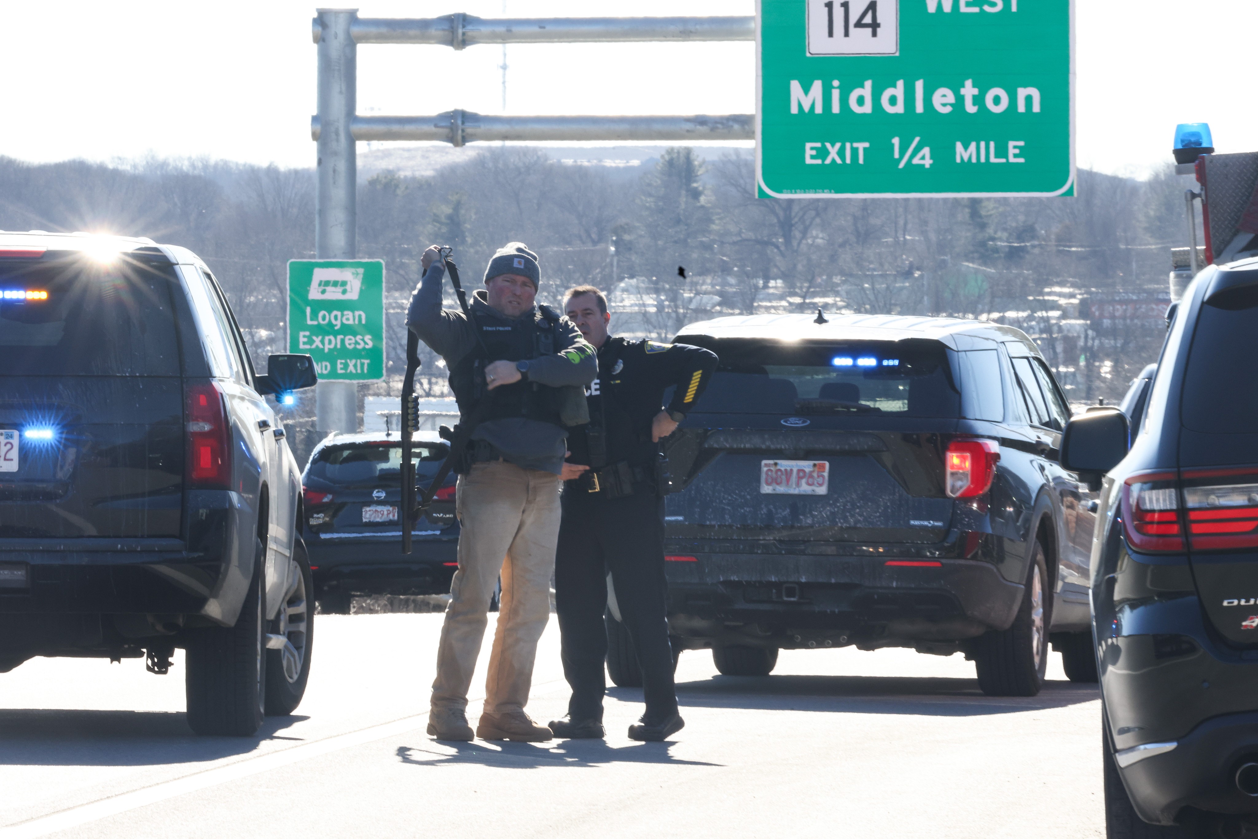 Police on U.S. Route 1 in Danvers, Massachusetts, as they responded to a shooting on Monday, Feb. 5, 2024.
