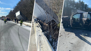 Three images from the scene of a serious crash that left a truck dangling off I-495 in Harvard, Massachusetts, on Wednesday, Feb. 21, 2024.