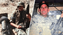 Left: John Spagna when he served USMC Weapons Co. 1st Battalion 1st Marines.  Right:  John Spagna when he served 1166 Combat HET Company, 164 Transportation Battalion, 1st Sustainment Brigade.
