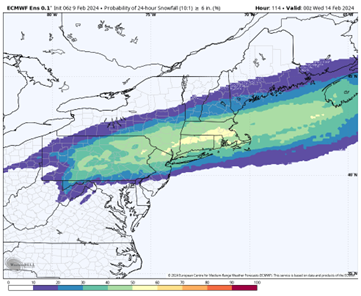 One snowfall pattern for Massachusetts on Monday and Tuesday, February 12-13, 2024.