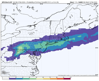One snowfall pattern for Massachusetts on Monday and Tuesday, February 12-13, 2024.