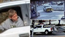 Surveillance images of a man suspected of flashing a woman in the parking lot of a shopping center in Tewksbury, Massachusetts, on Thursday, Jan. 25, 2024, and the pickup truck he was in.