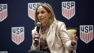 Jessica Berman, commissioner of the National Women’s Soccer League, speaks during a panel on women’s professional soccer at the Hilton Anatole in Dallas on Feb. 10, 2024.