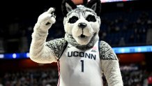 UNCASVILLE, CONNECTICUT - DECEMBER 10: The UConn Huskies mascot performs during the game against the North Carolina Tar Heels at Mohegan Sun Arena on December 10, 2023 in Uncasville, Connecticut. (Photo by G Fiume/Getty Images)