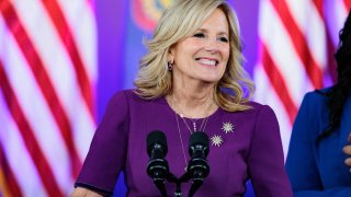 US First Lady Jill Biden during a campaign event with President Joe Biden, not pictured, at Strath Haven Middle School in Wallingford, Pennsylvania, US, on Friday, March 8, 2024. Biden predicted the Federal Reserve would soon cut rates, as the administration places greater emphasis on housing costs in its election fight against Donald Trump. Photographer: Hannah Beier/Bloomberg via Getty Images