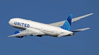 A Boeing 777-222(ER) from United Airlines is taking off from Barcelona Airport in Barcelona, Spain, on February 29, 2024. (Photo by Urbanandsport/NurPhoto via Getty Images)