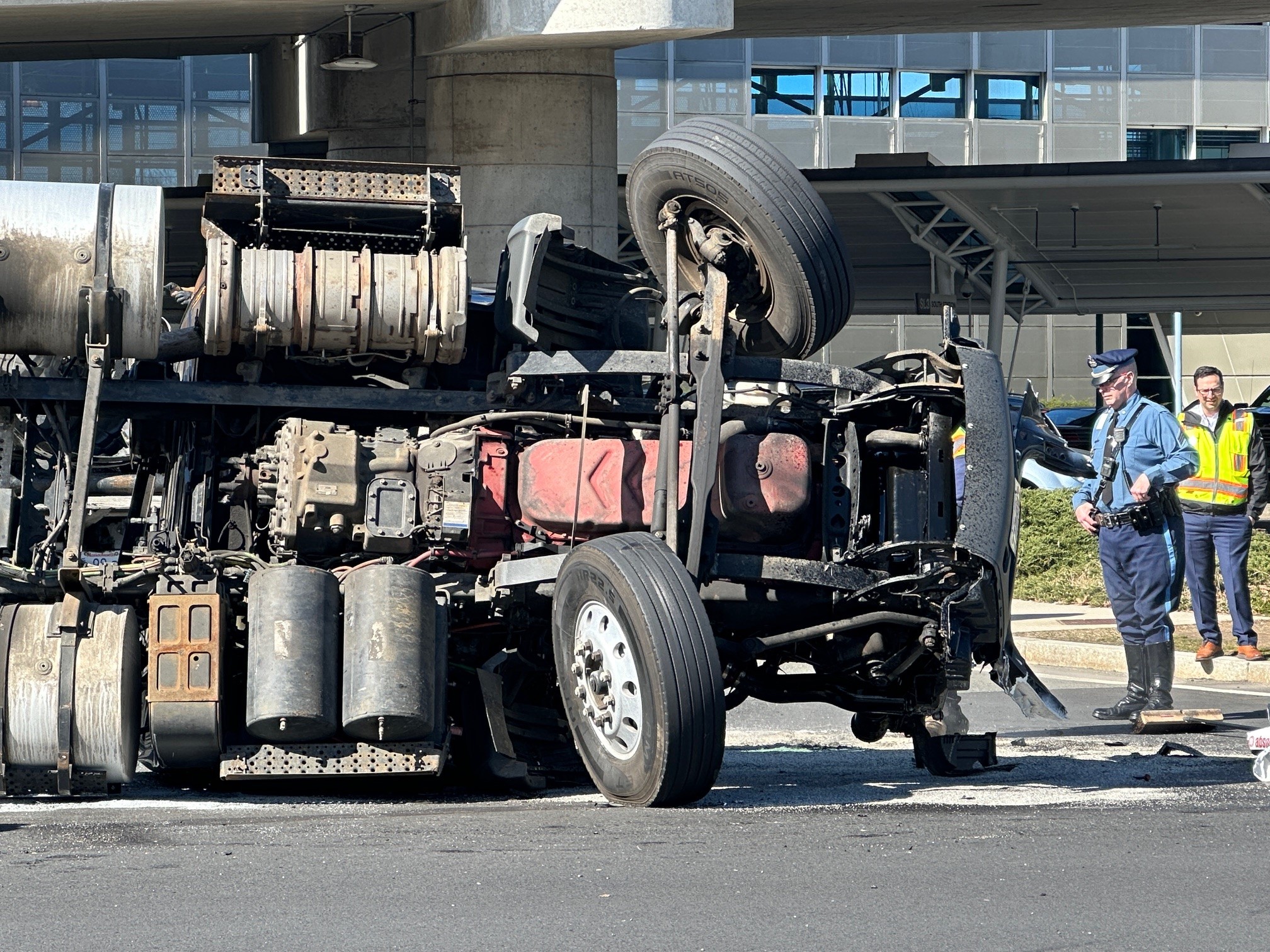 A crashed truck near Boston Logan International Airport on Wednesday, March 13, 2024.