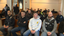 Members of the Boston police community in court on Tuesday, March 19, 2024, before Avery Lewis appeared on charges tied to the shooting of an officer.