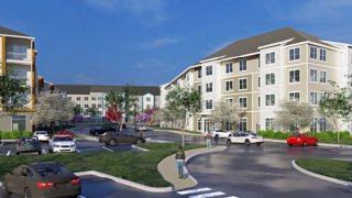 A rendering of the Alexan Chelmsford housing development on a former UMass Lowell campus.