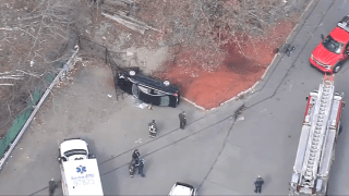 A crashed car in the parking lot of a Shaw's supermarket in Boston's Hyde Park neighborhood on Monday, March 18, 2024.