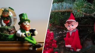 (L-R) Leprechaun figurine and an Elf on the Shelf.