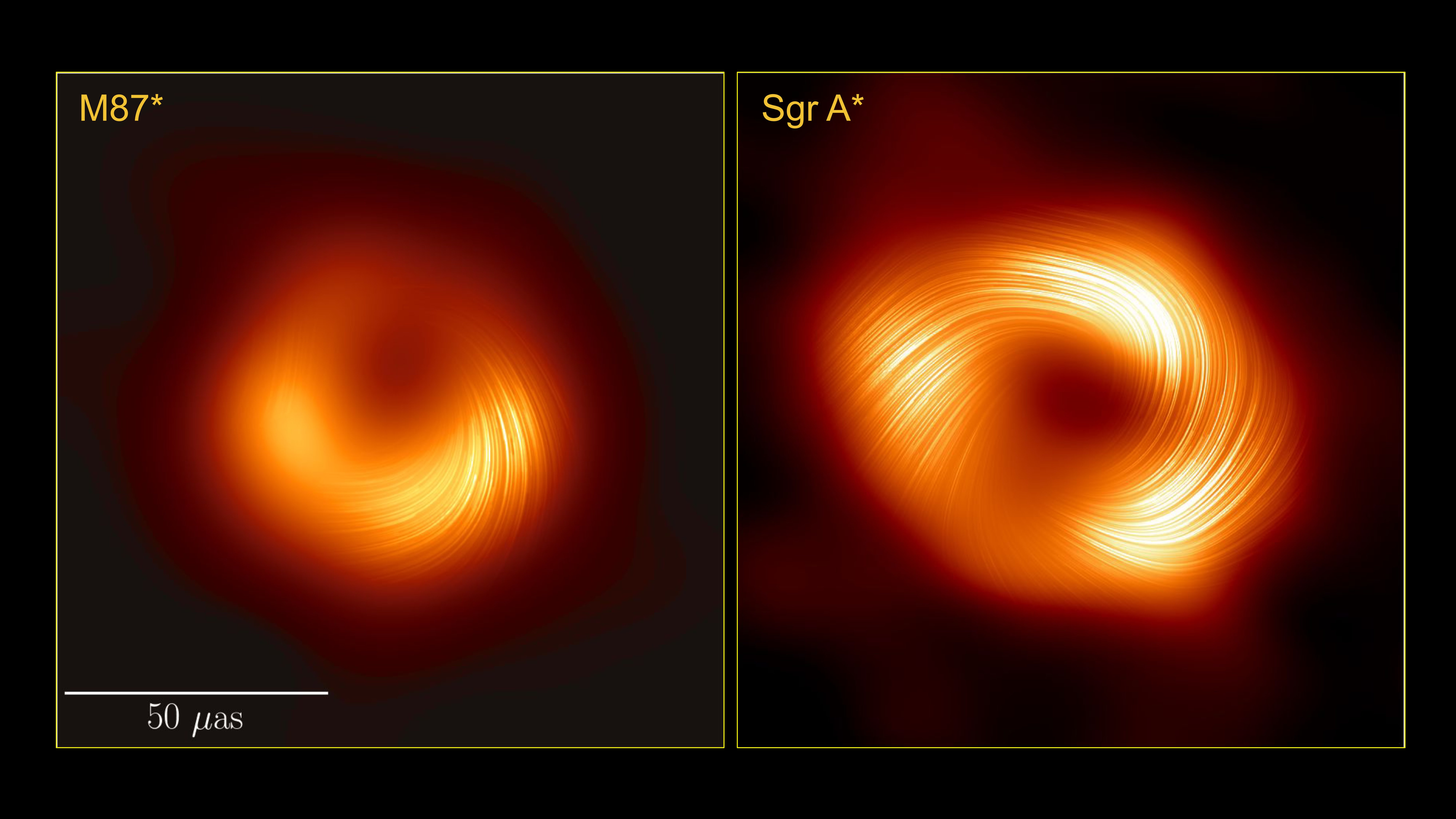 The supermassive black holes M87* (left) and Sagittarius A*, seen in polarized light