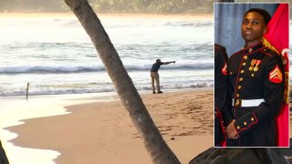 A person searching a beach in Luquillo, Puerto Rico, for U.S. Marine Cpl. Samuel Wanjiru (seen inset)