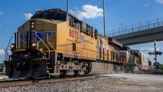 A Union Pacific freight train is seen traveling on April 21, 2023 in Round Rock, Texas.