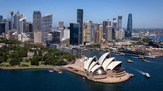 An aerial view of the central business district and Sydney Opera House on February 17, 2023.