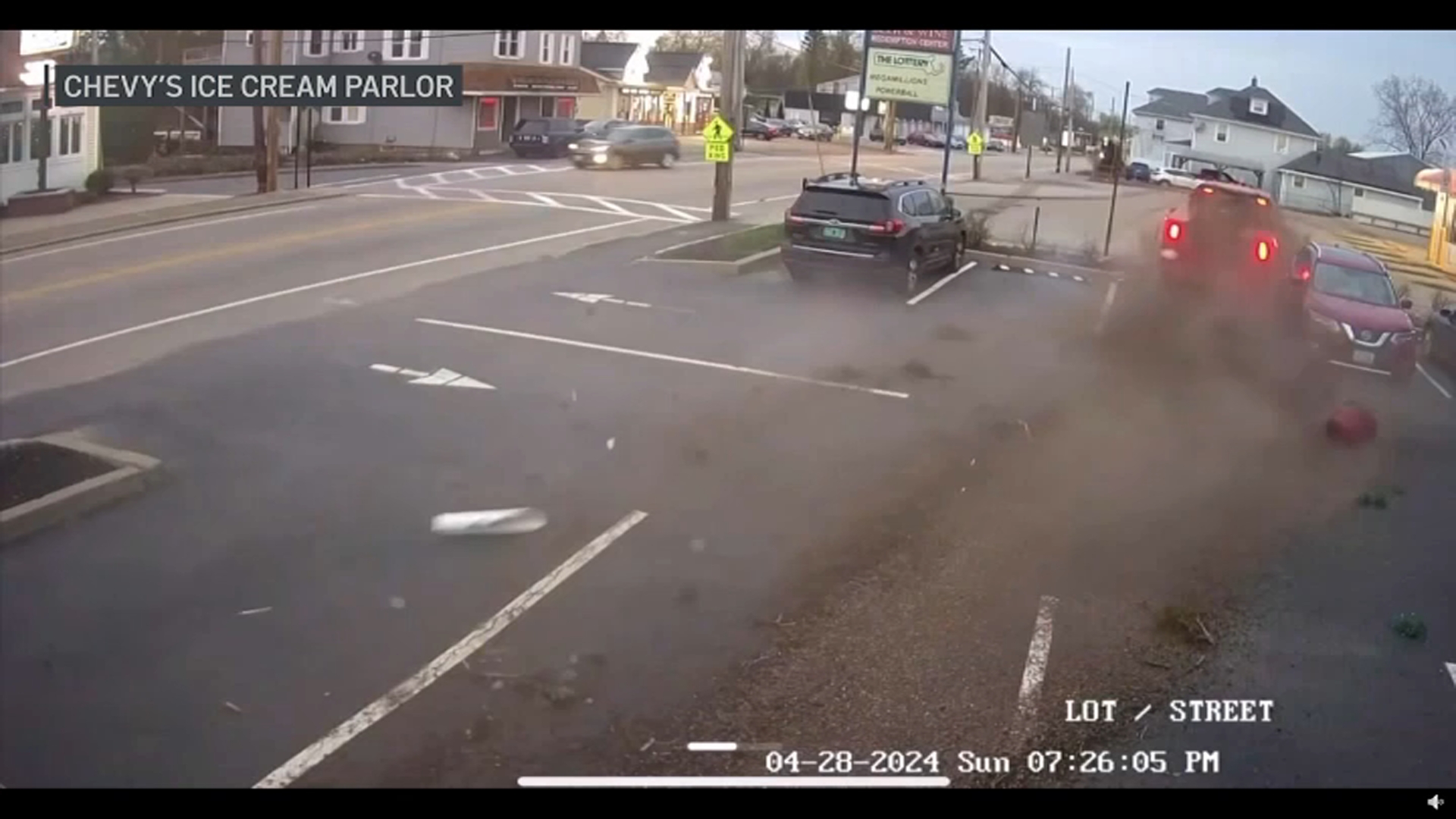 Bellingham, MA crash video Chevy’s Ice Cream Parlor close call NBC
