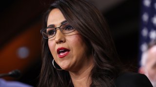 U.S. Rep. Lauren Boebert (R-CO) speaks at a press conference on President Trump's involvement.