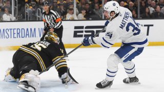 Auston Matthews #34 of the Toronto Maple Leafs scores a third-period goal against Linus Ullmark #35 of the Boston Bruins in Game Two of the First Round of the 2024 Stanley Cup Playoffs at the TD Garden on April 22, 2024 in Boston, Massachusetts.